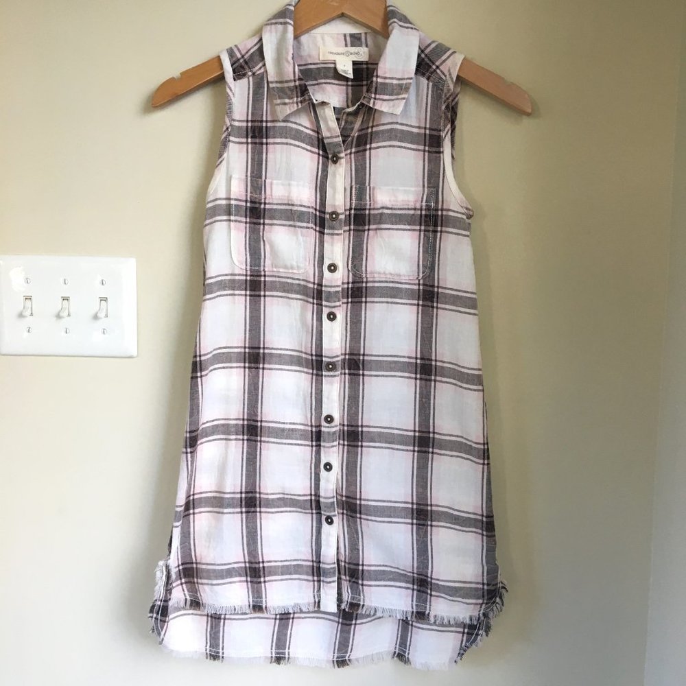 Treasure & Bond Sleeveless Soft Flannel Dress, Plaid Pink/Taupe, Size 7